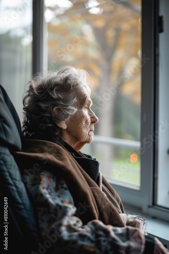 A woman sitting in a chair looking out a window. Suitable for lifestyle or contemplation concepts