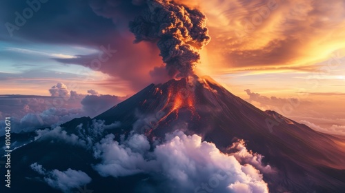 large active volcano with a large smoke trail on a sunset photo