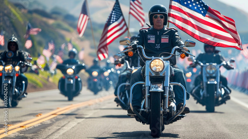 Overview of a Memorial Day motorcycle rally with veterans riding in formation American flags flying from the bikes. photo