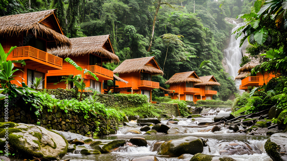Obraz premium Tropical eco resort with cozy bungalows nestled among lush greenery and a breathtaking waterfall in the background.