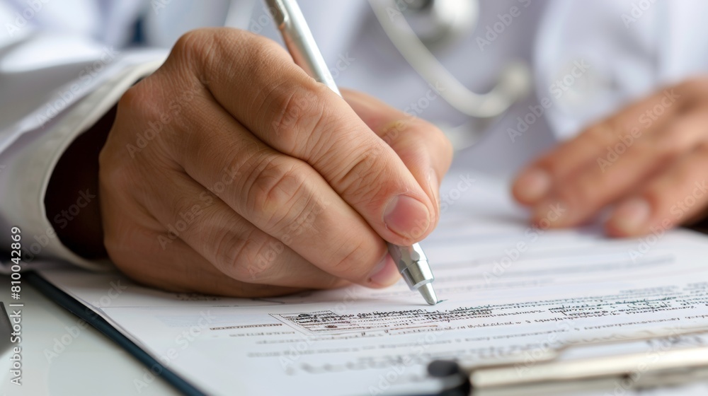A focused image of a medical professional in a lab coat signing documents, with a gavel and law books in the foreground, highlighting legal aspects of healthcare. A focused image of a medical professional in a lab coat signing documents, with a gavel and law books in the foreground, highlighting legal aspects of healthcare.