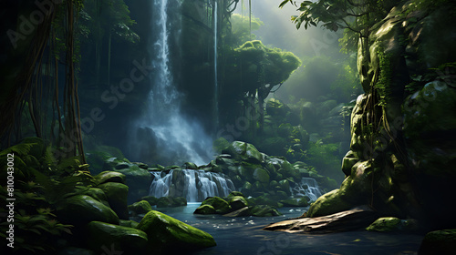 A tranquil waterfall cascading down moss-covered rocks  creating a serene oasis within the depths of the jungle.