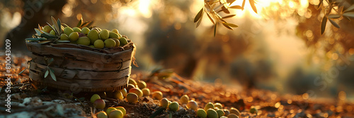A rustic wooden basket filled with freshly harvested olives, placed on the ground of an olive farm during the golden hour photo