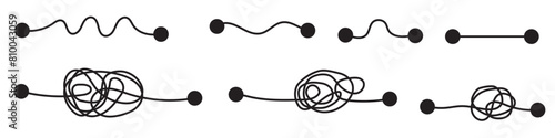 
Complex and easy simple way from start to end, path from point A to B with black thread. Chaos mind brain, problem solving and business solution searching challenge concept. Hand drawn vector doodle 