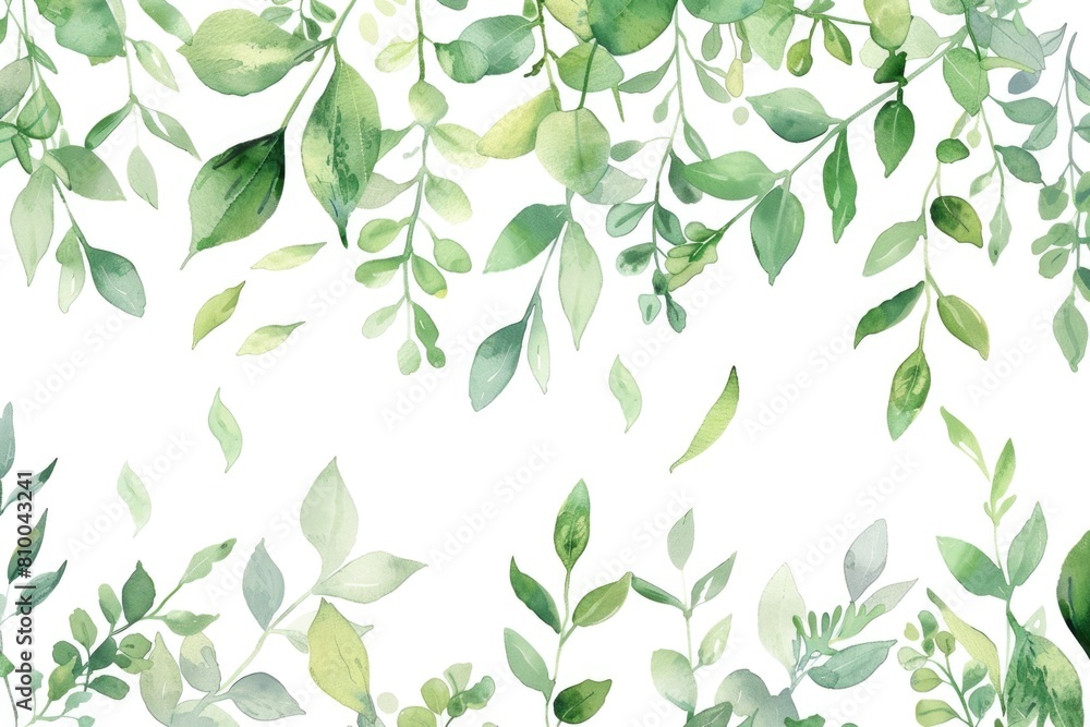 A beautiful watercolor painting of green leaves on a white background. Perfect for botanical themes or nature lovers