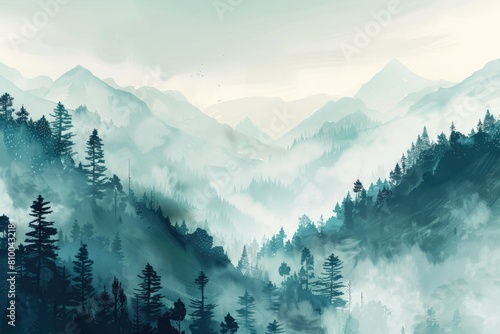 A beautiful painting of a mountain range with trees in the foreground. Suitable for nature and landscape themes