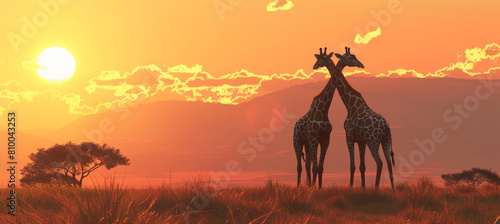 Two giraffes standing in the African savanna  with mountains and acacia trees visible under an orange sky at sunset.