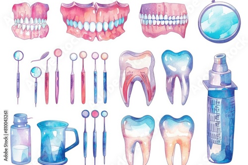 A collection of dental tools including toothbrushes, toothpaste, and other items. Ideal for dental care concepts