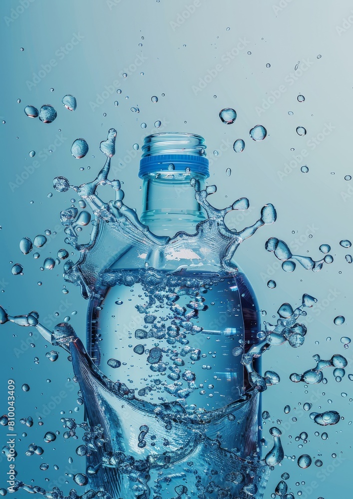 Transparent water bottle with droplets and dynamic water splash. Transparent water bottle with droplets and dynamic water splash.