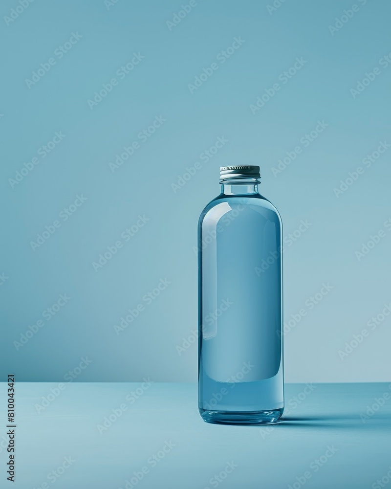 Clear plastic water bottle with a blue cap on a pale blue background.