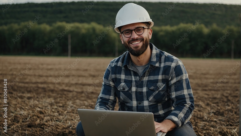 Happy engineer with laptop standing on field Happy engineer with laptop standing on field