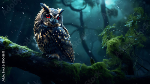 A vigilant owl perched atop a tree, keeping watch over the nocturnal happenings in the jungle.