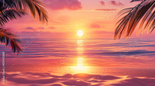 Tropical Sunset View Through Palm Leaves, Dreamy Ocean Landscape © Olga