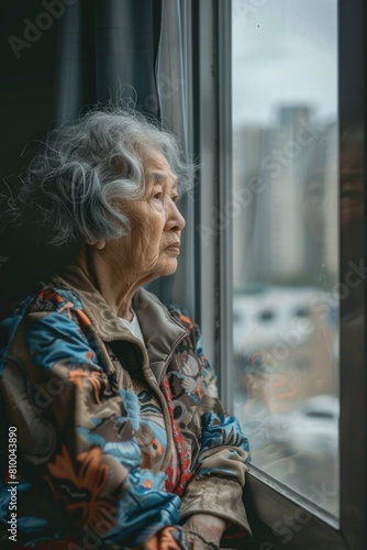 Woman gazing out at urban skyline, ideal for real estate or travel concepts