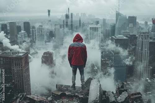 A man in a red jacket stands on a ledge in a city with a foggy atmosphere