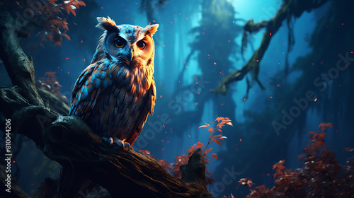 A vigilant owl perched atop a tree, keeping watch over the nocturnal happenings in the jungle.