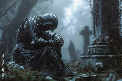 A man in armor sitting on a rock in a cemetery. Suitable for historical or fantasy themes
