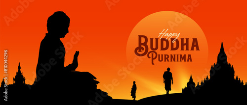 Happy Buddha Purnima calligraphy, Lettering with Buddha meditating silhouette vector illustration for social media banner design