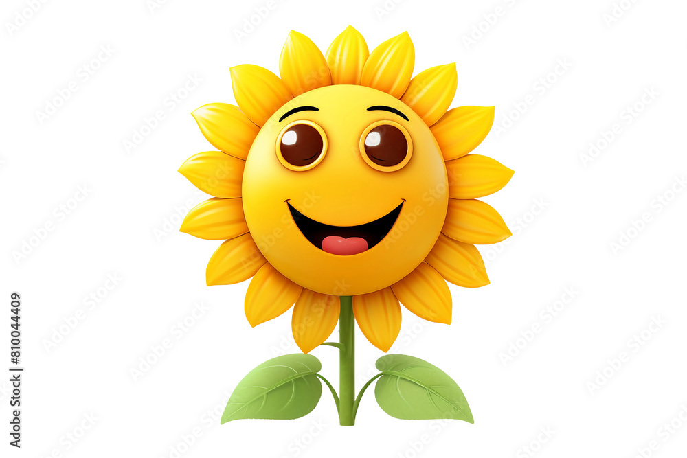 Cartoon Joyful Sunflower with Smiling Face Isolated On Transparent Background PNG.