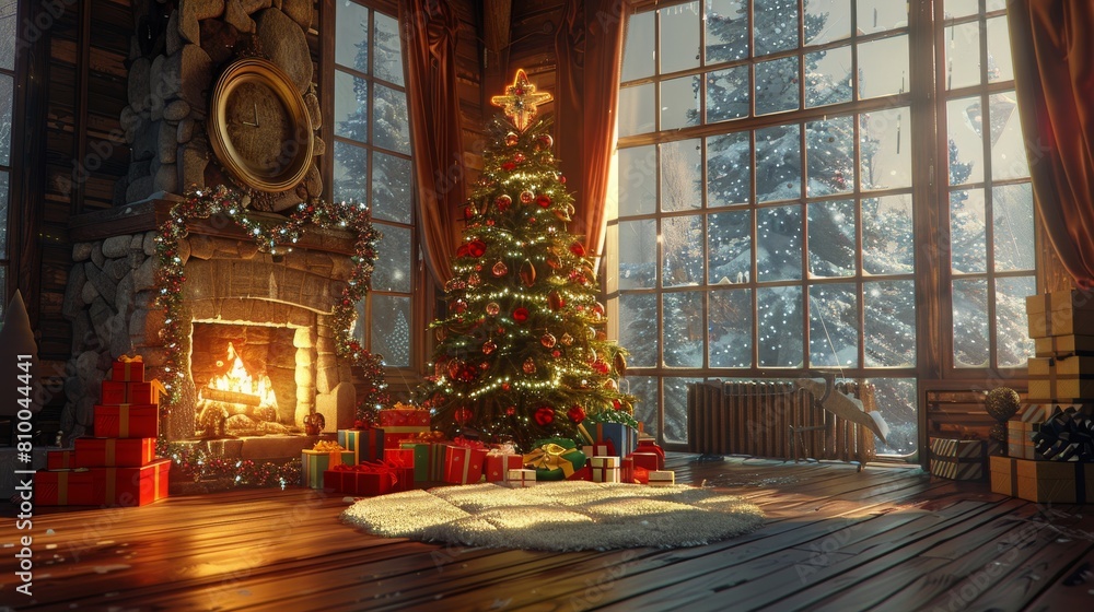 Obraz premium Christmas tree fireplace interior holiday