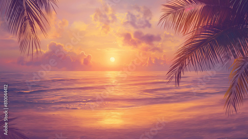 Tropical Sunset View Through Palm Leaves, Dreamy Ocean Landscape