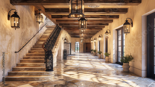 Rustic luxury hall with a sandstone marble staircase natural wood beams and iron lantern-style lights photo