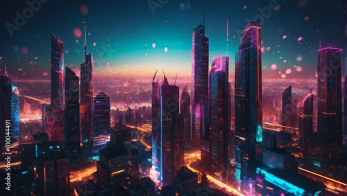 Imagine a metaverse cityscape ablaze with neon lights, a futuristic world where digital and physical realms converge. photo