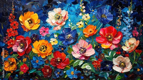   A colorful floral painting set against a blue-black backdrop  featuring a bee amidst the blossoms