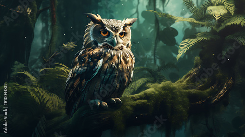 A wise old owl perched on a branch in the mysterious jungle. photo
