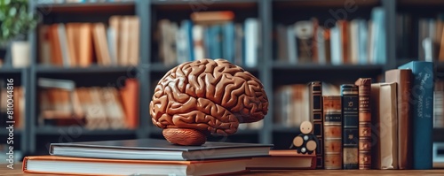 Human brain model on a desk surrounded by books and notes, focus on neuroscience and cognitive studies photo