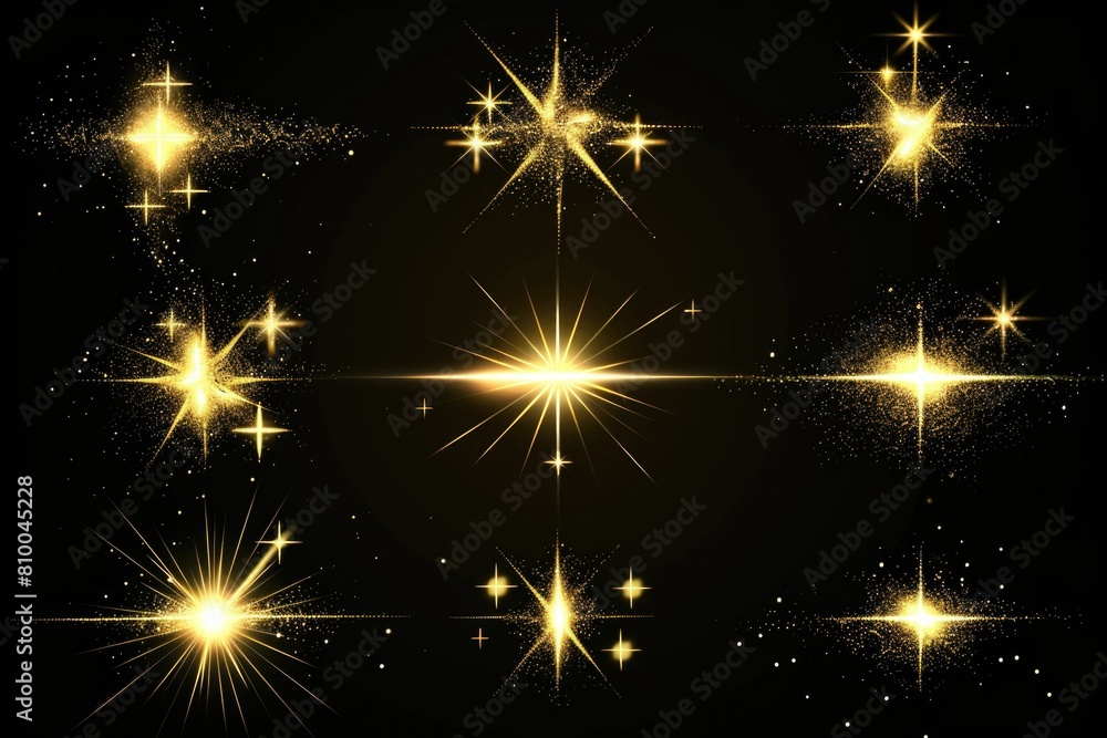 Elegant golden stars on a dark black background. Perfect for adding a touch of luxury and sophistication to any design project Elegant golden stars on a dark black background. Perfect for adding a touch of luxury and sophistication to any design project