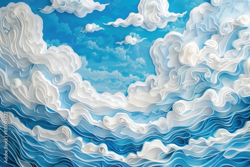 Painting of a serene blue sky with fluffy white clouds. Perfect for background or nature themes