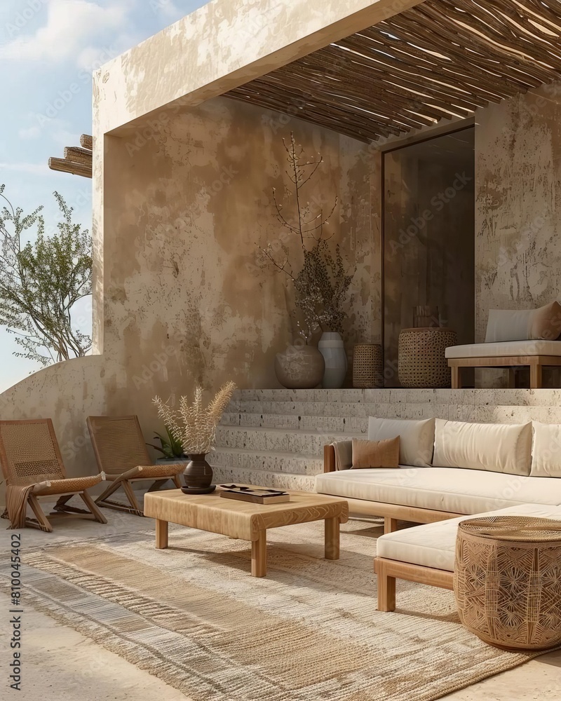 Minimalistic rooftop garden scene in soft earth tones with potted plants and simple furniture Minimalistic rooftop garden scene in soft earth tones with potted plants and simple furniture