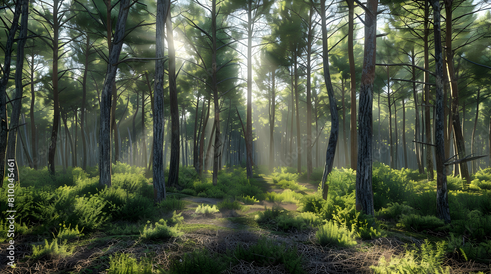 Fototapeta premium A serene early morning in a dense coniferous forest, the sunlight filtering through tall pine trees, casting long shadows on a carpet of pine needles