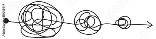 
Complex and easy simple way from start to end, path from point A to B with black thread. Chaos mind brain, problem solving and business solution searching challenge concept. Hand drawn vector doodle 