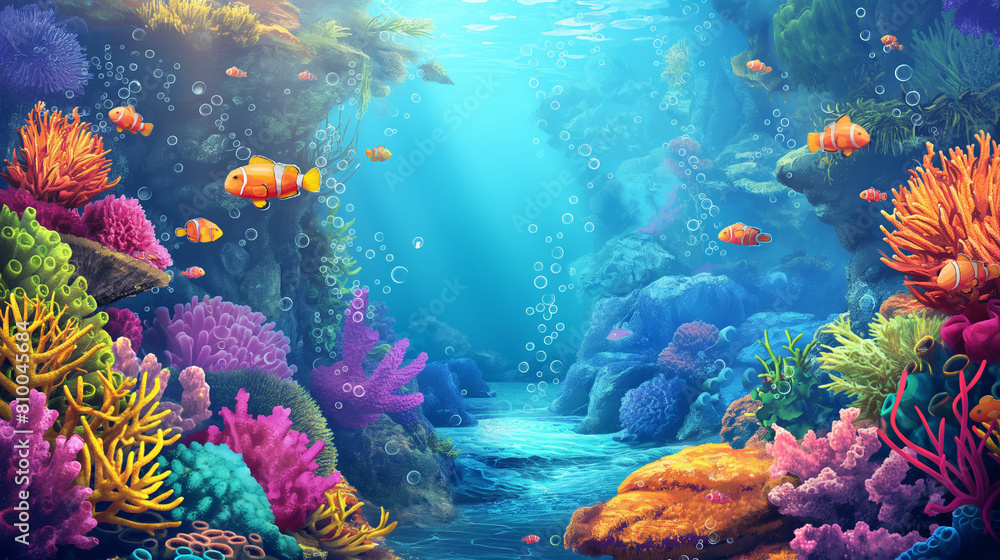 Vibrant Underwater Coral Reef with Colorful Fish, Ocean Biodiversity Scene
