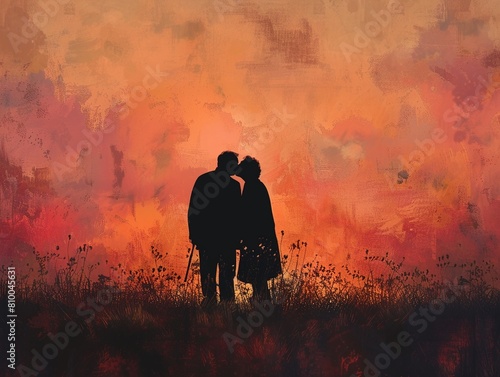 Elderly couple by the watercolor painting  back view