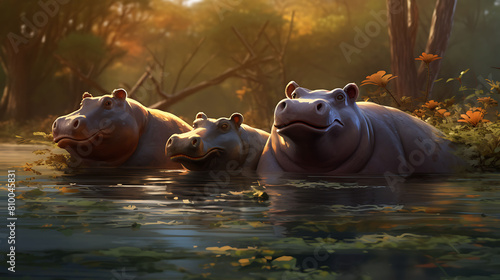 A contented family of hippos basking in the shallow waters of a jungle river. photo