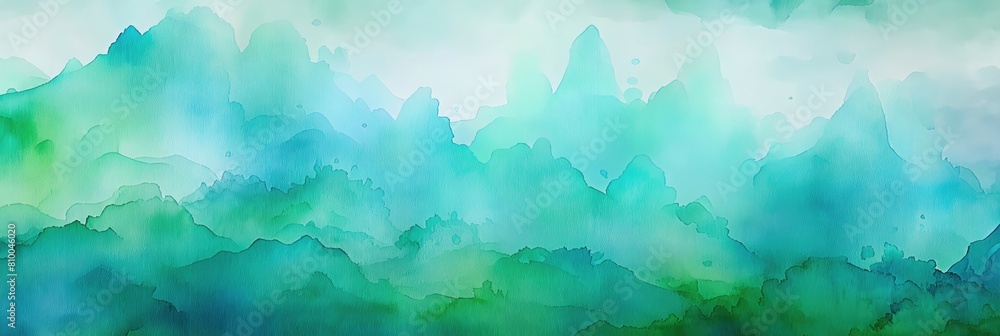  Splashes of blue-green watercolor paint on a green background, a background in the form of spots with blurred marine colors and blooms. Splashes and drops of paint, nostalgic texture of watercolor pa