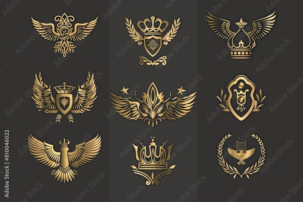Elegant gold emblems with wings and crowns. Perfect for luxury and royalty concepts Elegant gold emblems with wings and crowns. Perfect for luxury and royalty concepts