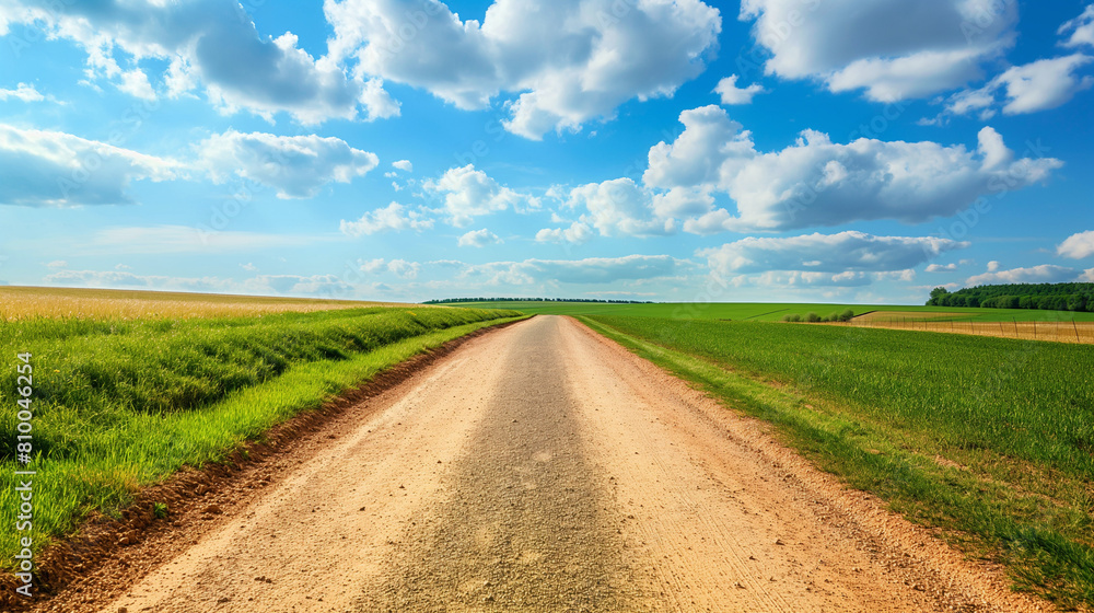 Open Country Road Through Vibrant Green Fields, Sunny Rural Landscape Open Country Road Through Vibrant Green Fields, Sunny Rural Landscape