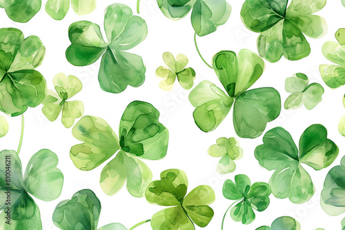 Watercolor Clover, Lucky four-leaf clovers, Seamless pattern illustration 