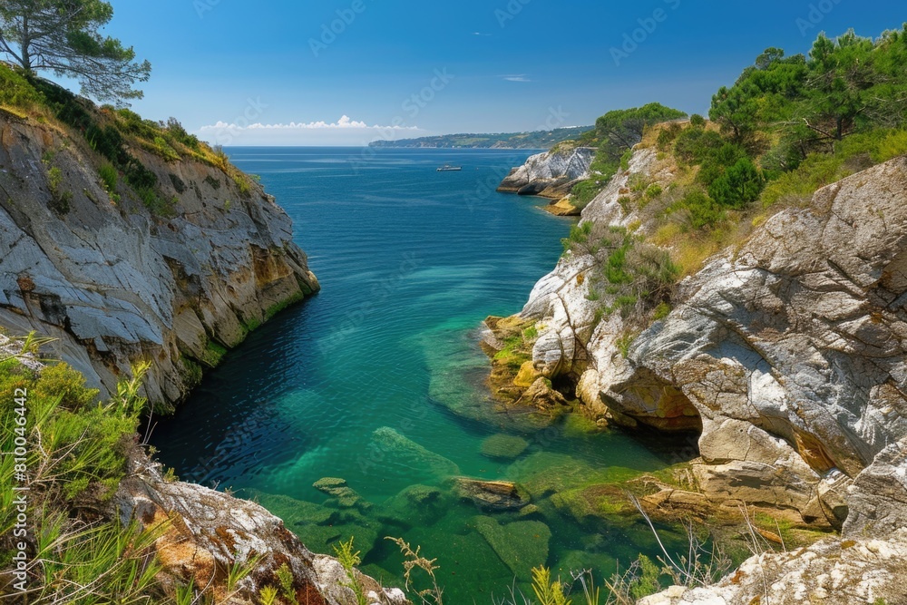 A serene body of water surrounded by rocks and trees. Ideal for nature-themed designs A serene body of water surrounded by rocks and trees. Ideal for nature-themed designs