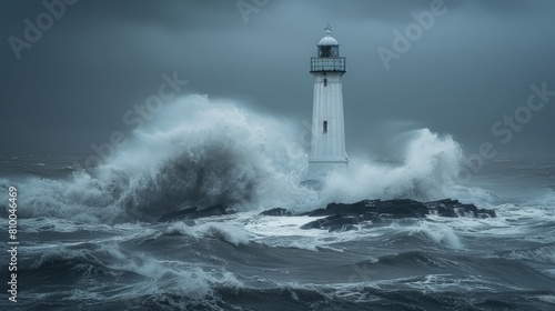 Lighthouse Enduring the Force of Ocean Waves. A picturesque scene of a lighthouse standing on a rugged coastline, bracing against mighty ocean waves amid a tempestuous sky. 