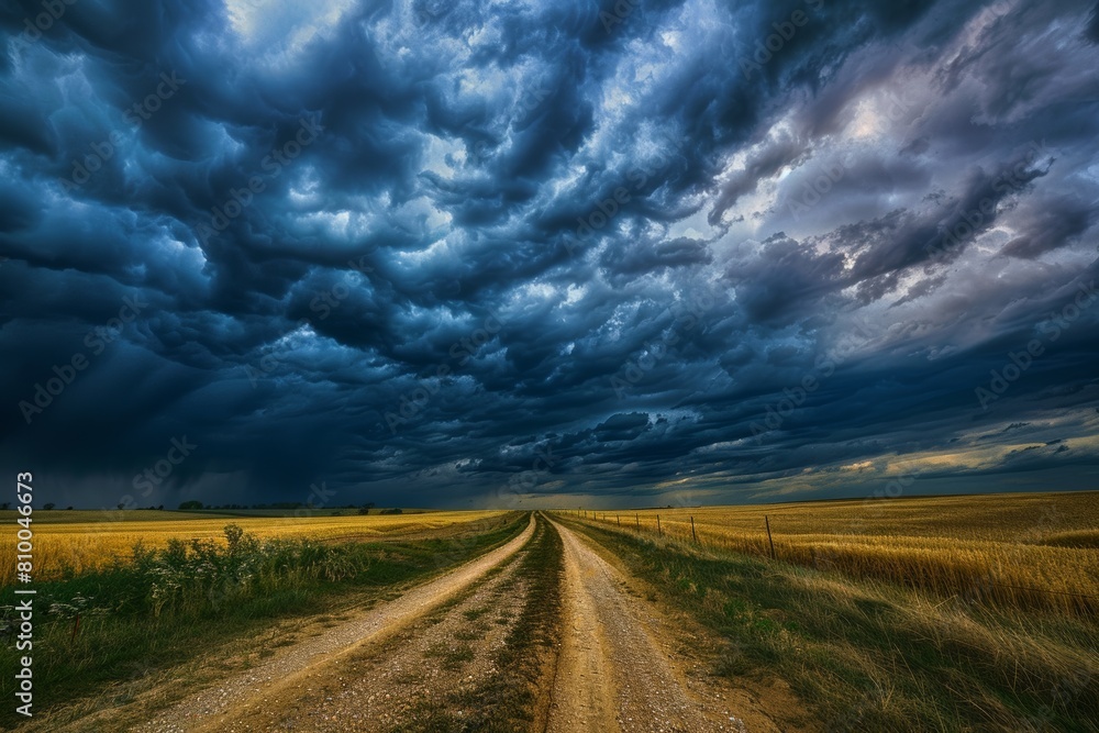 A dramatic sky background, with storm clouds gathering on the horizon