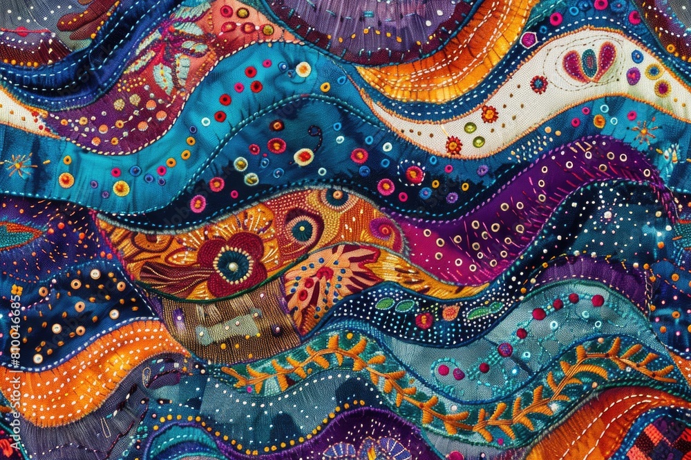 A close-up of a cat sitting on a colorful quilt. Suitable for cozy home decor