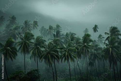 Coconut palm trees blowing in the wind on an island, again dark grey sky