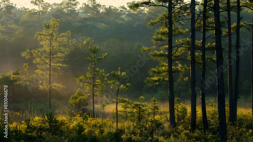 A serene landscape of the Pine Barrens at sunrise, the early light casting golden hues over the dense forest © Muhammad