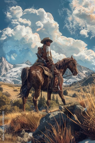 A man riding a horse in the scenic mountains. Suitable for travel brochures