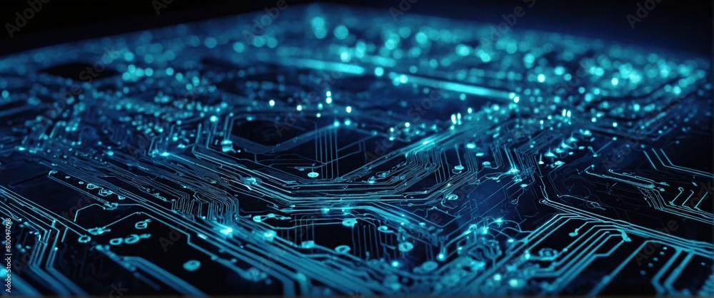 Fototapeta premium Quantum computer technologies concept, Futuristic blue circuit board background vector, Modern technology circuit board texture background design, Waves flow, Quantum explosion technology 
